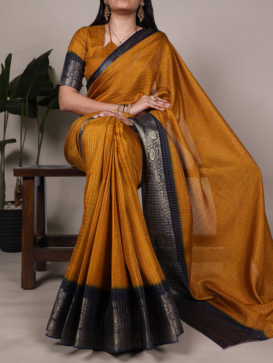 Mustard Color Zari Weaving Work Dola Chex Saree