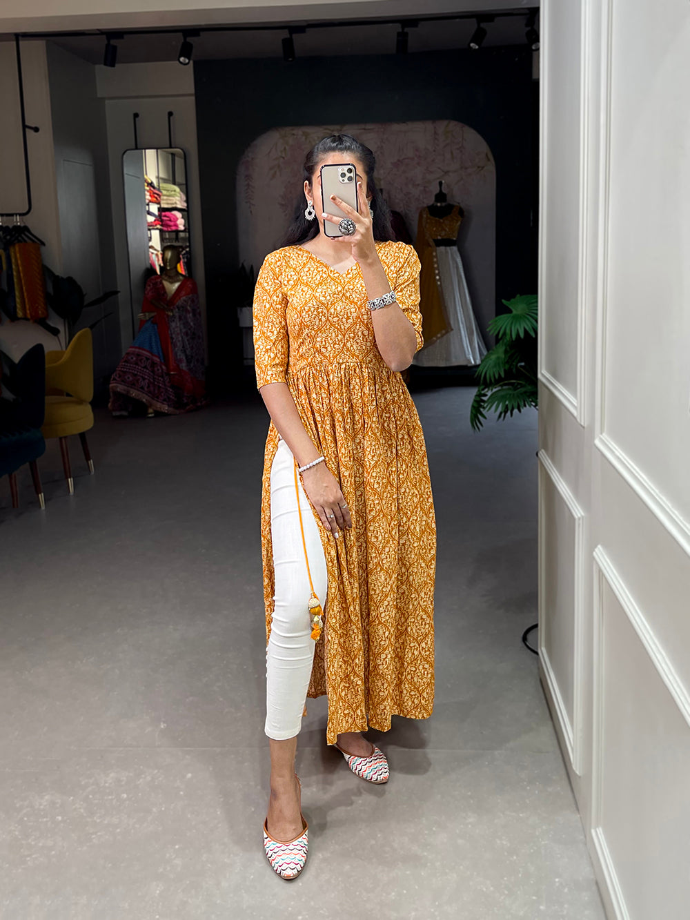 Mustard Color Foil and Printed Rayon Cotton Dress Mustard Color Foil and Printed Rayon Cotton Dress