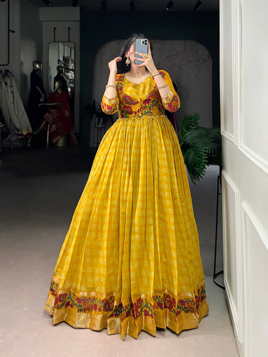 Mustard Color Printed With Zari Weaving Work Polyester Chanderi Gown