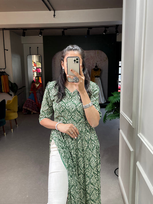 Green Color Foil and Printed Rayon Cotton Dress