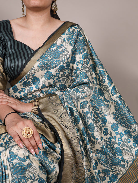Sky Blue Color Printed With Viscose Border Tasar Silk Saree