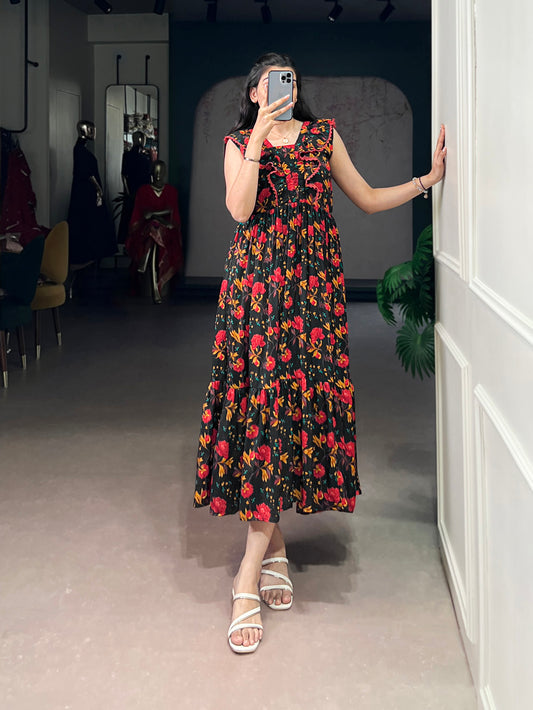 Black Color Floral Printed Maslin Silk Fancy Dress