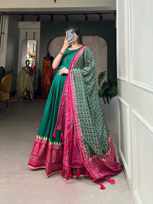 Green Color Print With Foil Print Tussar Silk Dress