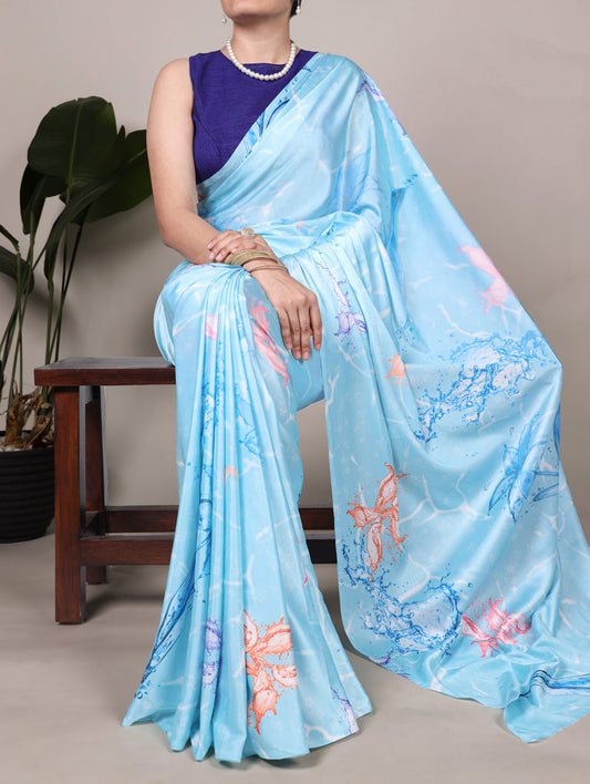 Sky Blue Color Floral Printed Satin Silk Saree