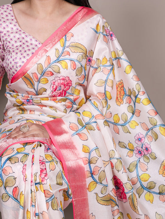 Off White Color Traditional Floral Printed Tasar Silk Saree