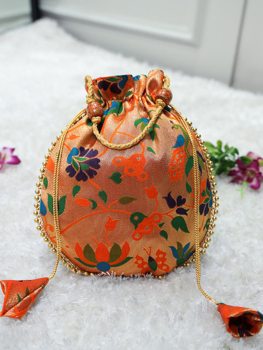 Orange Color Peral Lace Border With Jacquard Silk Batwa