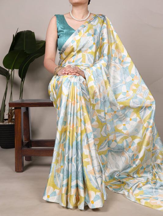 Lemon Yellow Color Floral Printed Satin Silk Saree