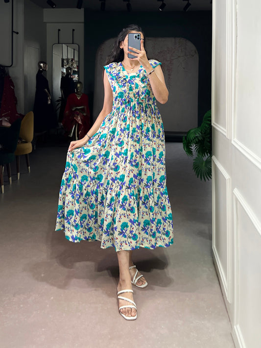 Firozi Color Floral Printed Maslin Silk Fancy Dress