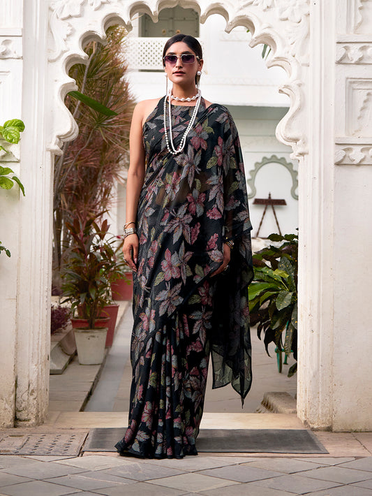 Black Color Floral Viscose Lurex Brasso Saree