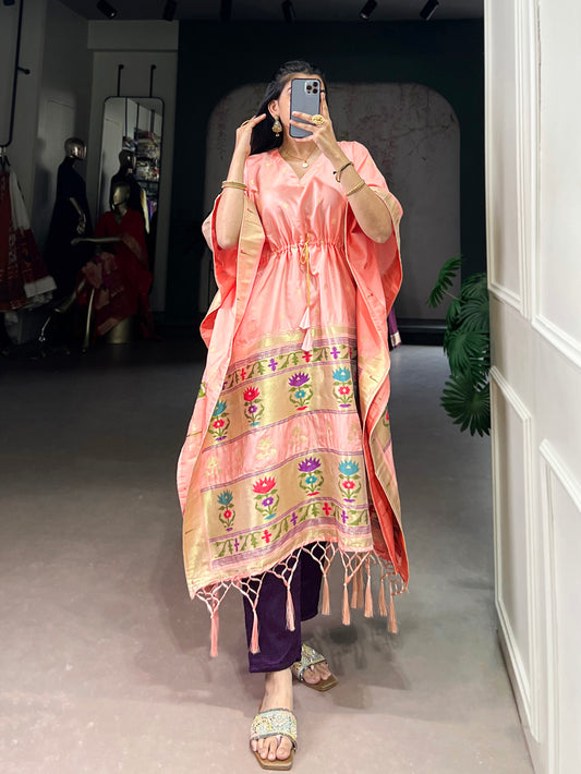 Peach Color Zari Weaving Work Jacquard Kaftan