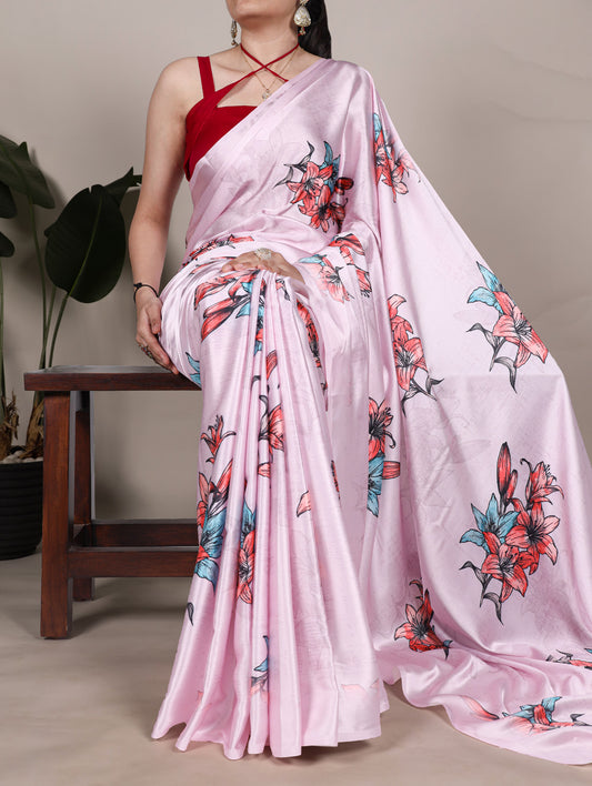 Light Pink Color Floral Printed Satin Silk Saree