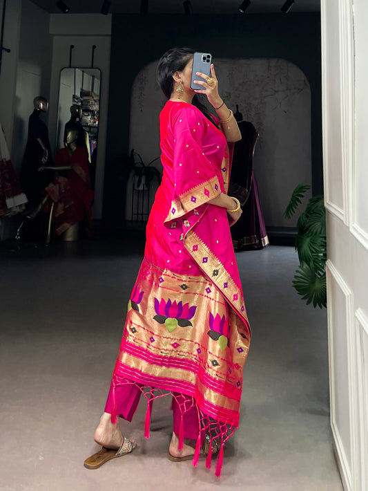 Pink Color Zari Weaving Work Jacquard Kaftan