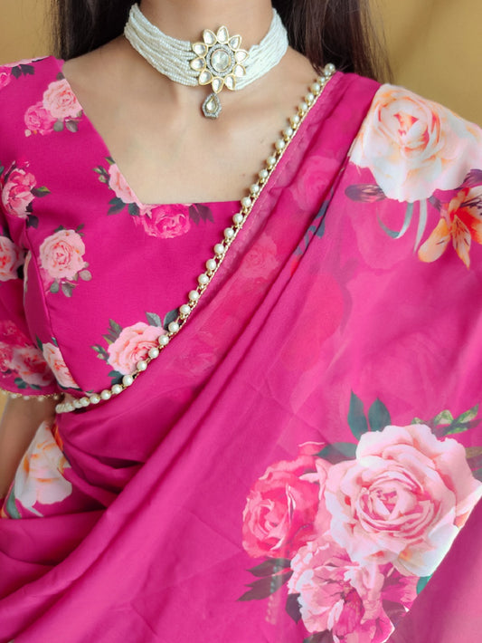 Pink Color Printed With Peral Lace Border Georgette Trending Saree