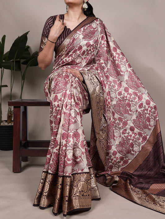 Pink Color Printed With Viscose Border Tasar Silk Saree