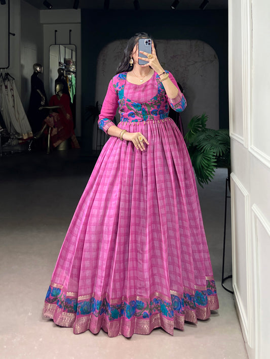 Pink Color Printed With Zari Weaving Work Polyester Chanderi Gown