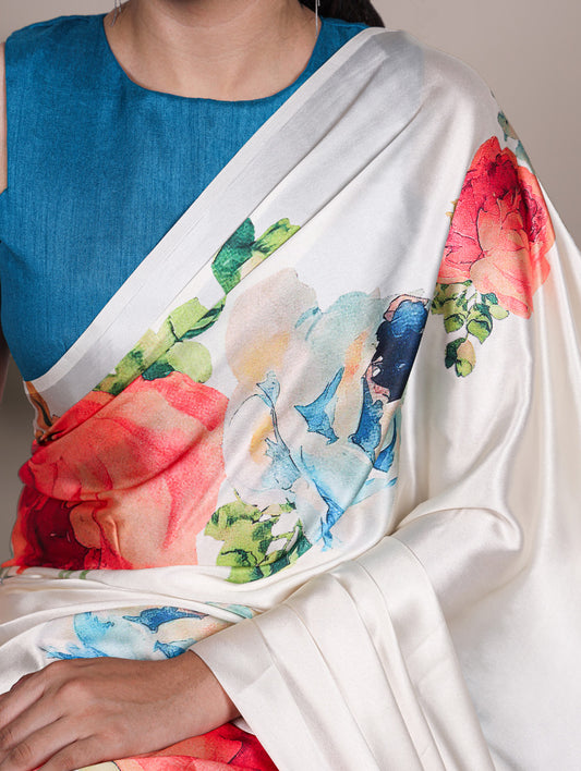 White Color Floral Printed Satin Silk Saree