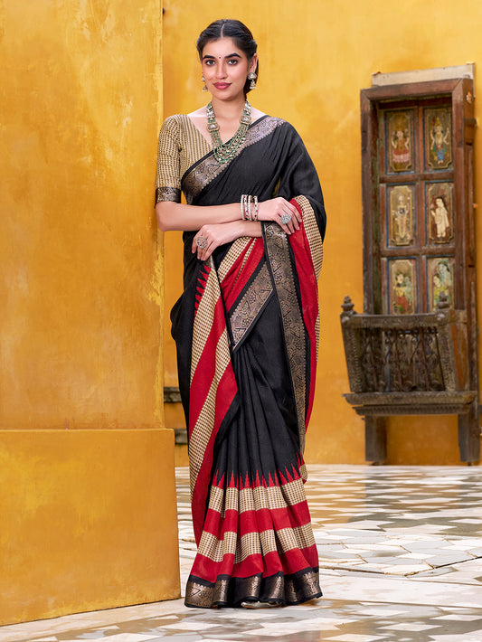 Black Color Printed With Zari Weaving Work Poly Cotton Saree