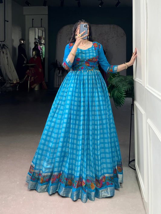 Sky Blue Color Printed With Zari Weaving Work Polyester Chanderi Gown