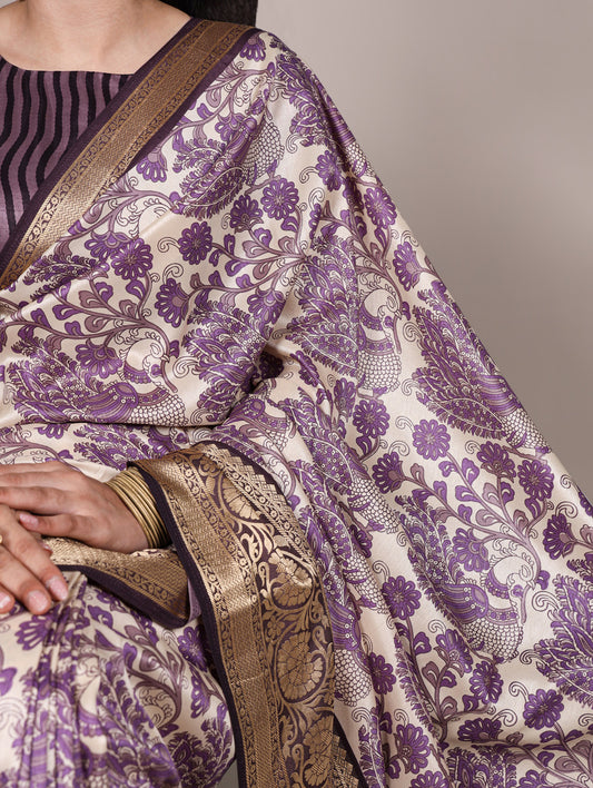 Lavender Color Printed With Viscose Border Tasar Silk Saree