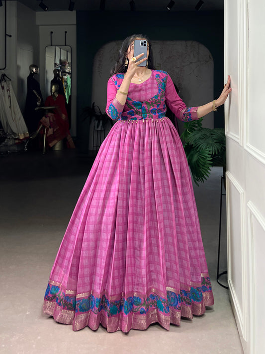 Pink Color Printed With Zari Weaving Work Polyester Chanderi Gown