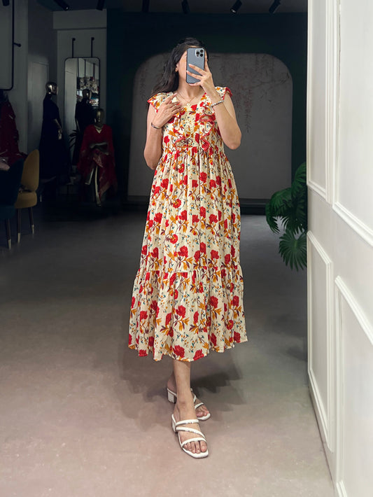 Red Color Floral Printed Maslin Silk Fancy Dress