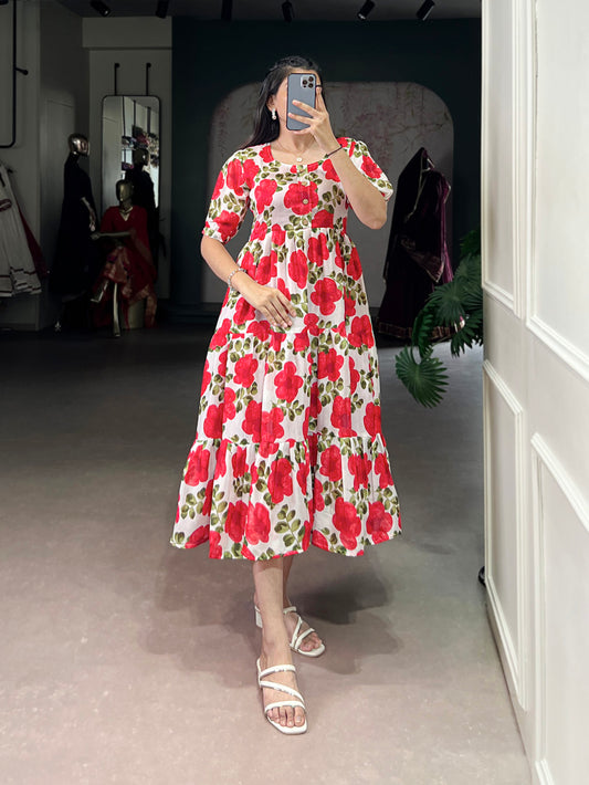 Red Color Printed Vichitra Silk Fancy Gown