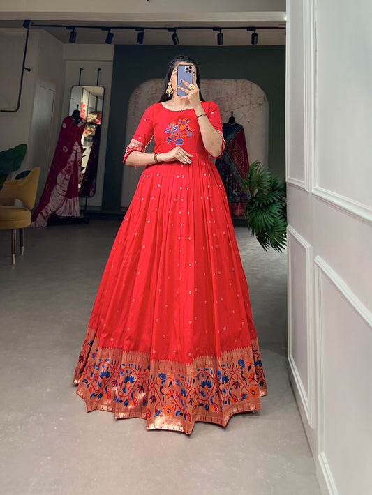 Red Color Zari Weaving Work Jacquard Silk Dress