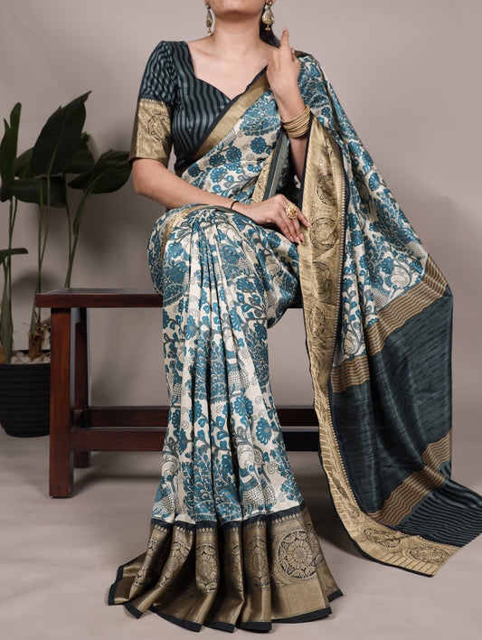 Sky Blue Color Printed With Viscose Border Tasar Silk Saree