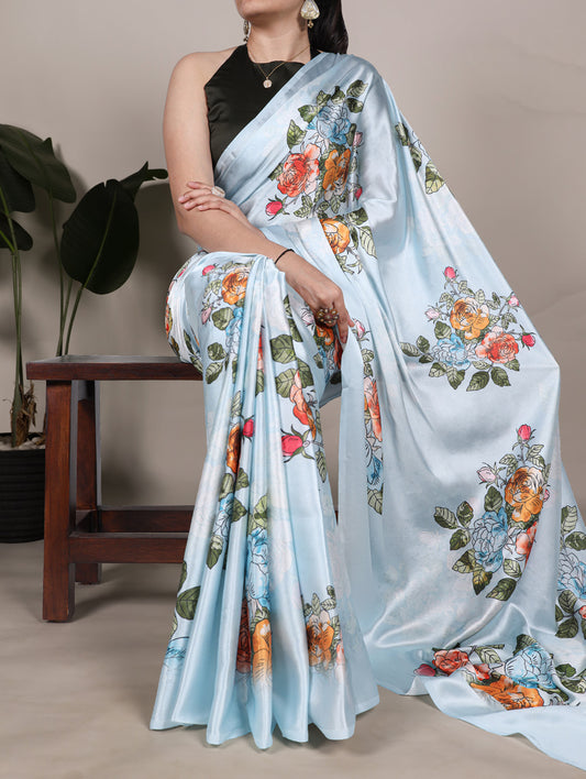 Sky Blue Color Floral Printed Satin Silk Saree