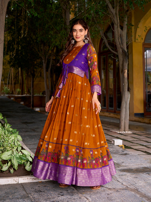Mustard Color Kalamkari With Zari Weaving Work Poly Cotton Gown