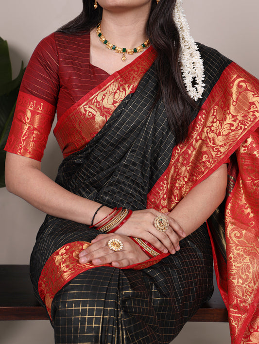 Black Color Chex With zari Weaving Work Poly Cotton Saree