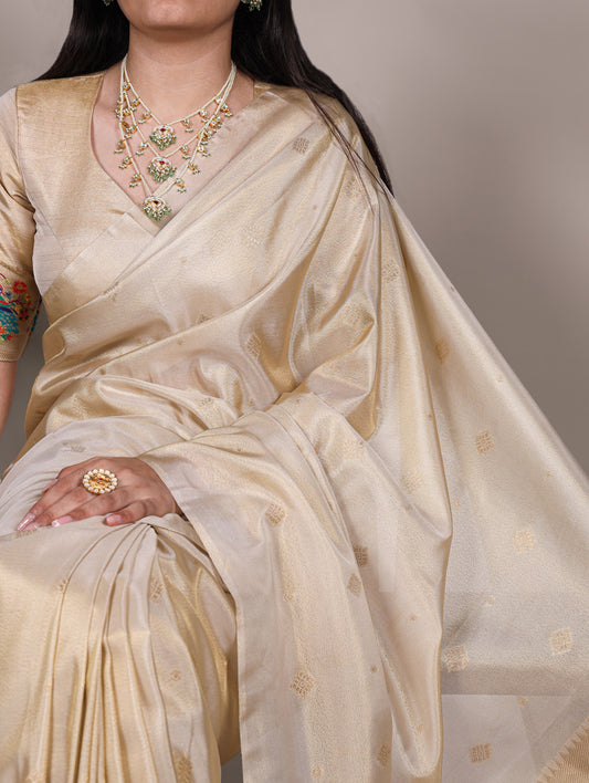 Cream Color Zari Weaving Work Tissue Paithani Saree