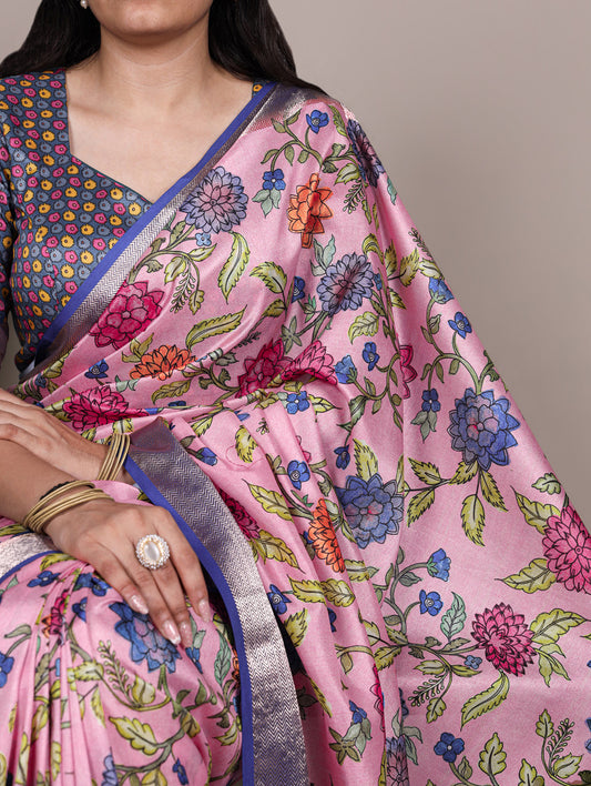 Light Pink Color Traditional Floral Printed Tasar Silk Saree