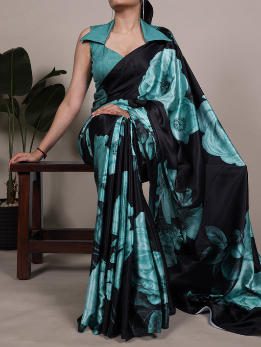 Teal Color Floral Printed Satin Silk Saree