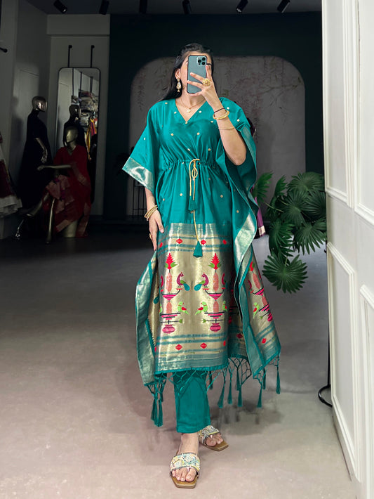 Teal Color Zari Weaving Work Jacquard Kaftan