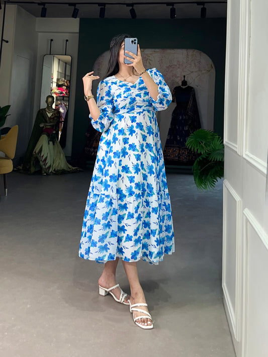 Blue Color Floral Print Georgette Stylist Dress