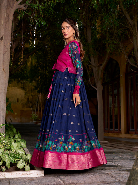 Navy Blue Color Kalamkari With Zari Weaving Work Poly Cotton Gown