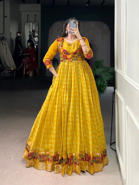 Mustard Color Printed With Zari Weaving Work Polyester Chanderi Gown