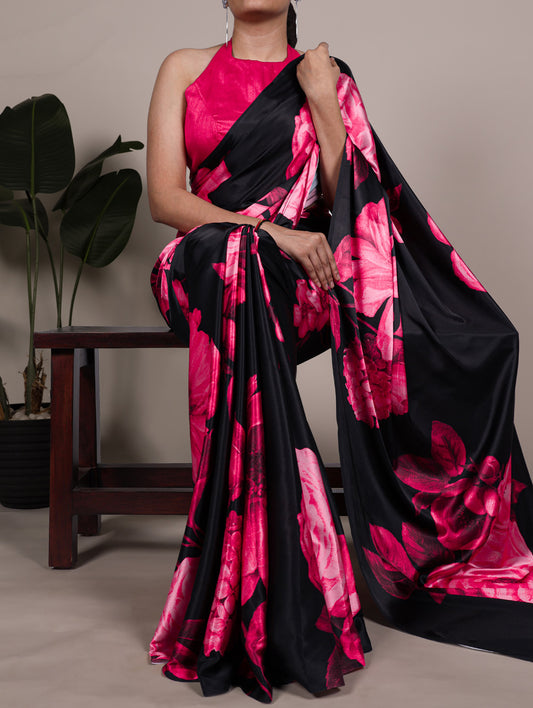 Pink Color Floral Printed Satin Silk Saree