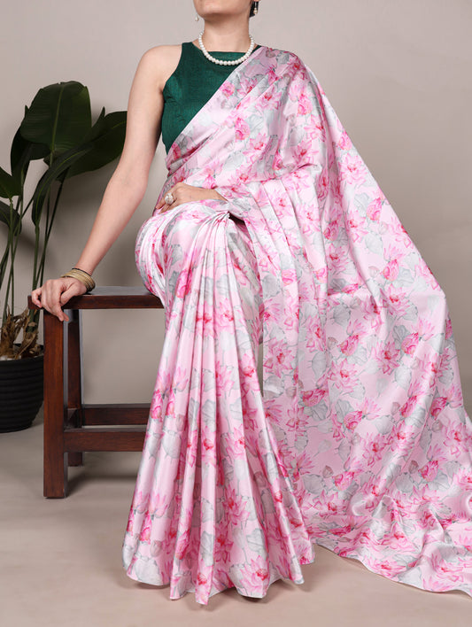 Light Pink Color Floral Printed Satin Silk Saree