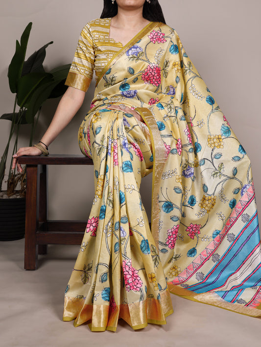 Lemon Color Traditional Floral Printed Tasar Silk Saree