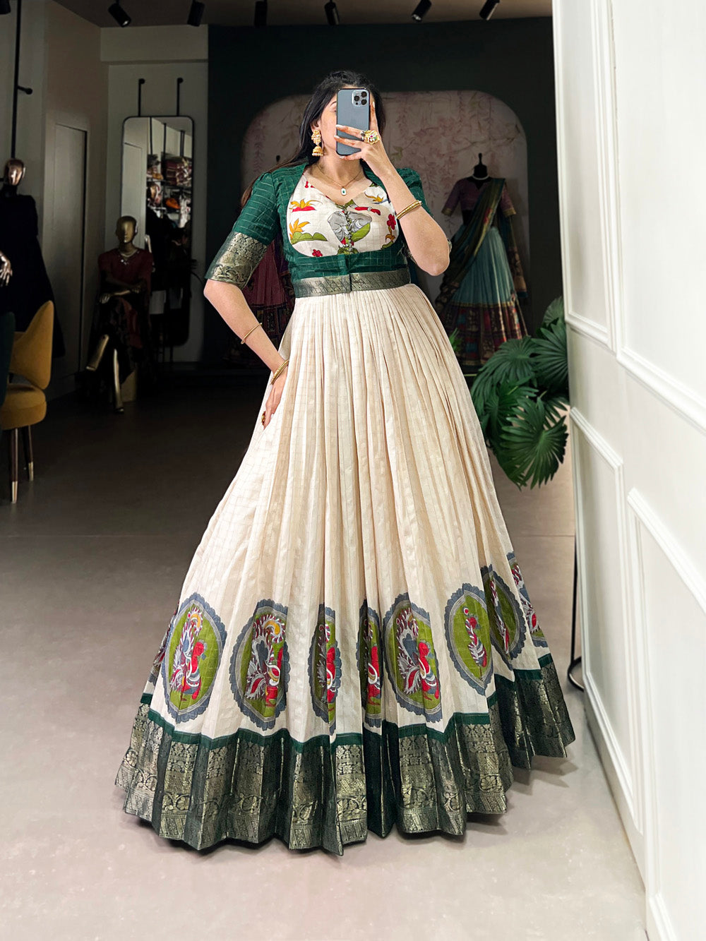kalamkari silk dress Beautiful Kalamkari gown with cut work dupatta available in store #myRiti #AllOccasionFashion , Our meticulously crafted outfits are a blend of high-end luxury and attention to detail. Each