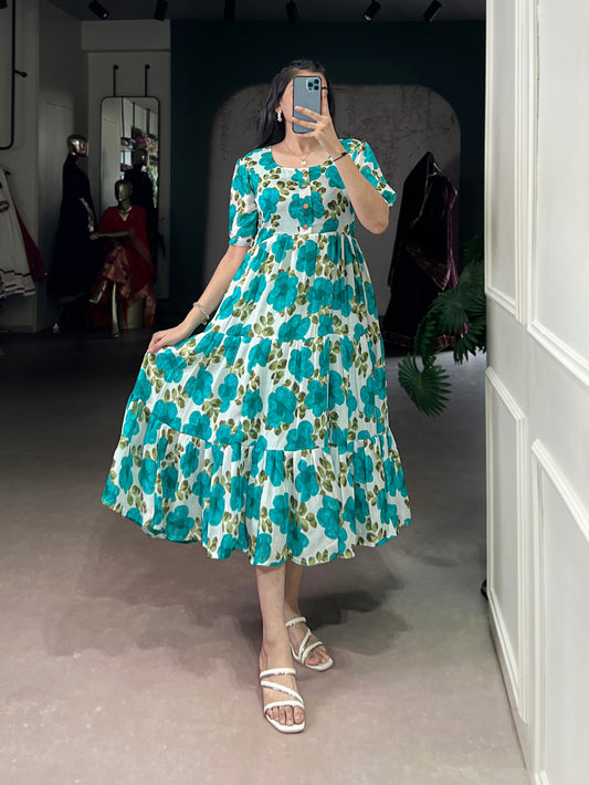 Firozi Color Printed Vichitra Silk Fancy Gown