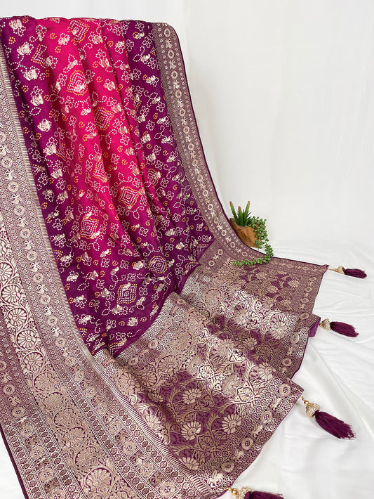 Wine Color Bandhej Printed And Weaving Work Viscose Wedding Wear Saree