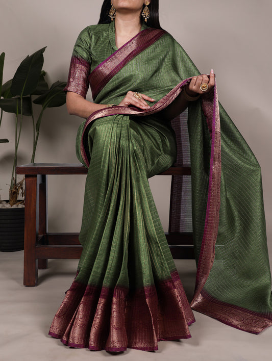 Mehendi Color Zari Weaving Work Dola Chex Saree
