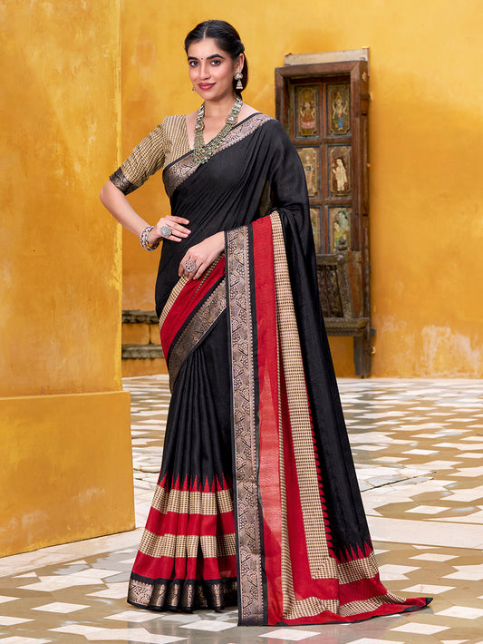Black Color Printed With Zari Weaving Work Poly Cotton Saree