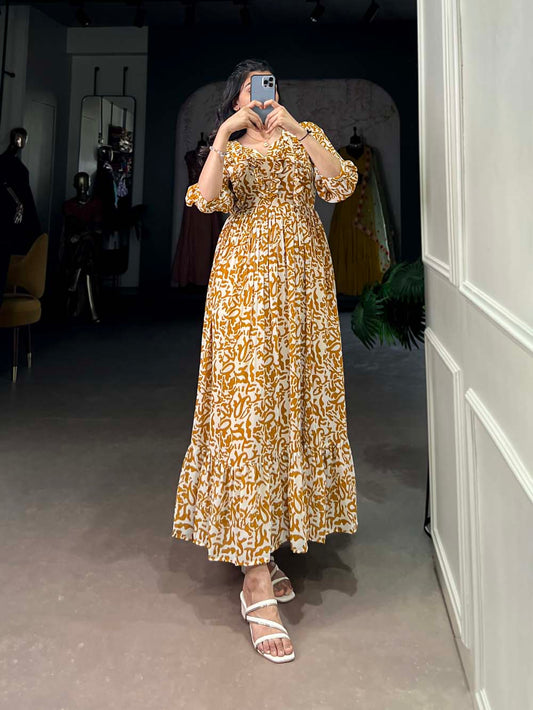 Mustard Color Printed Georgette Fancy Gown