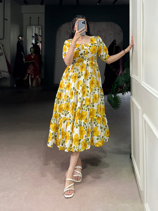 Mustard Color Printed Vichitra Silk Fancy Gown