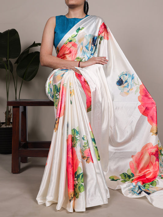 White Color Floral Printed Satin Silk Saree