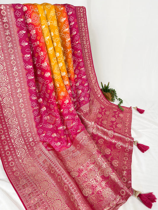 Pink Color Bandhej Printed And Weaving Work Viscose Rajasthani Style Saree